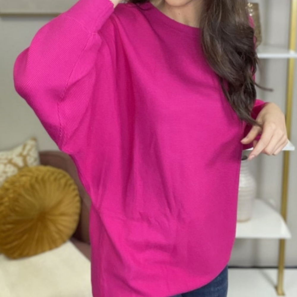 JODIFL ribbed hot pink dolman tunic ribbed sweater sweatshirt blouse top balloon